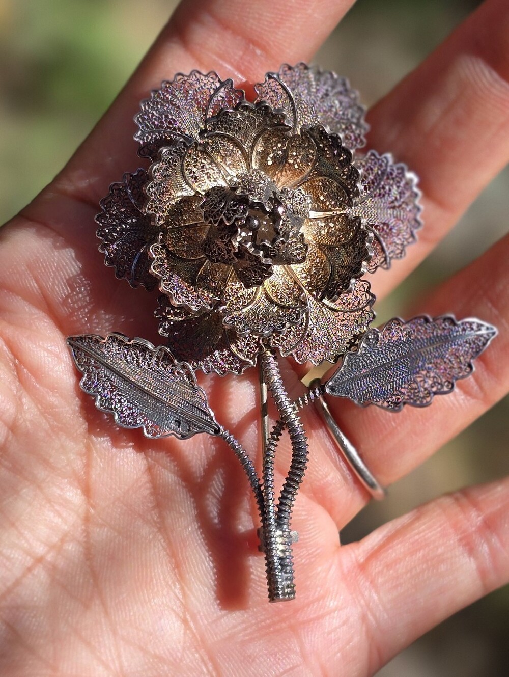 Vintage sterling silver 925 intricate filigree flower large brooch